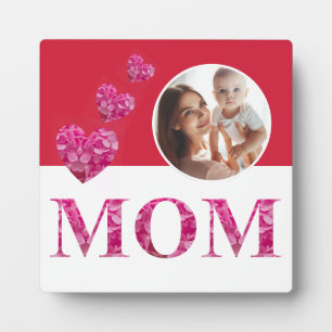 Pink Floral Hearts "MOM" Lettering Photo Red White Plaque