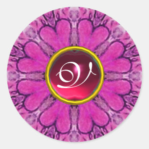 PINK FLORAL HEARTS RED RUBY GEMSTONE MONOGRAM CLASSIC ROUND STICKER