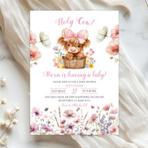 Pink Floral Heifer Bull Baby Shower Invitation