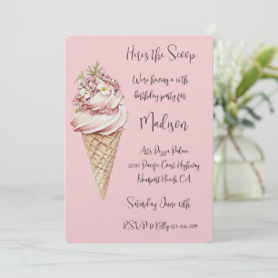 Pink Floral Here's the Scoop Birthday Invitation