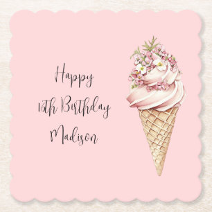 Pink Floral Here's the Scoop Ice Cream Birthday Paper Coaster