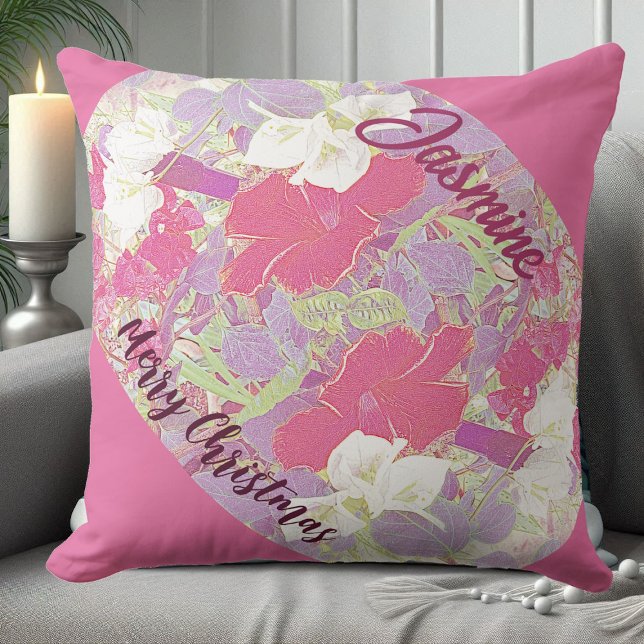 Pink Floral Hibiscus Merry Christmas Garden Cute Cushion (Pink Floral Hibiscus Merry Christmas Garden Cute Throw Pillow)