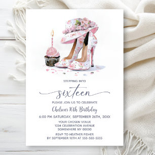 Pink Floral High Heel Shoes 16th Birthday Party Invitation