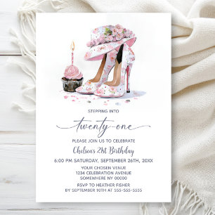 Pink Floral High Heel Shoes 21st Birthday Party Invitation