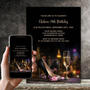 Pink Floral High Heel Shoes Birthday Party Invitation