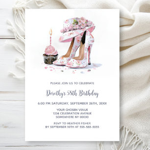 Pink Floral High Heel Shoes Birthday Party Invitation
