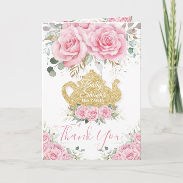 Pink Floral High Tea Party Baby Shower Birthday Thank You Card (Front)