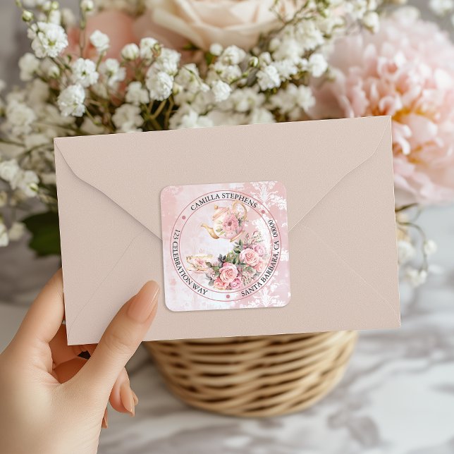 Pink Floral High Tea Return Address Envelope Seal (Elegant Pink Roses Floral High Tea Teapot and Teacup Girl Baby Shower Return Address Envelope Seals)