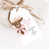 Pink Floral Highland Cow Baby Shower Favour Tags