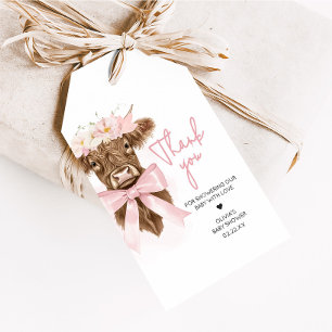 Pink Floral Highland Cow Baby Shower Favour Tags