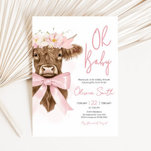 Pink Floral Highland Cow Baby Shower Invitation