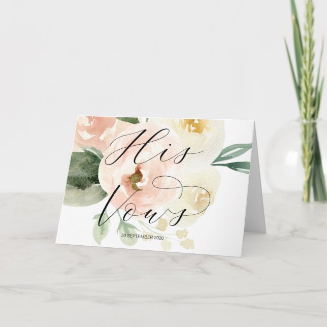 Pink Floral His Vows Wedding Vow Keepsake Card (Front)