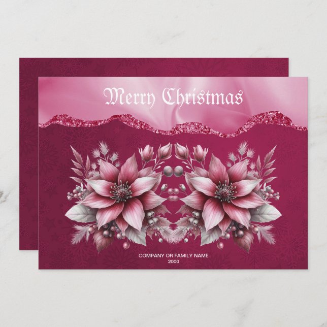 Pink Floral Holiday Christmas Card (Front/Back)