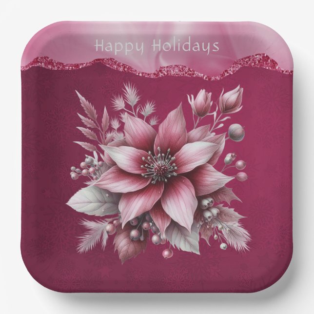 Pink Floral Holiday Paper Plate (Front)
