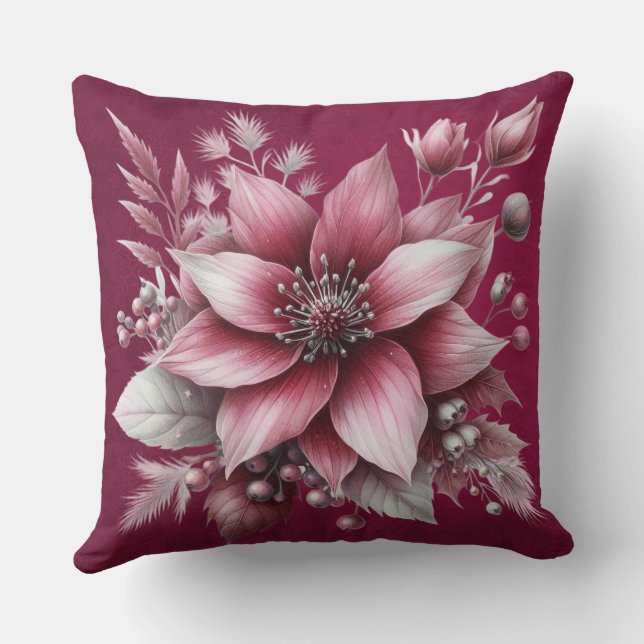 Pink Floral Holiday Throw Pillow (Back)