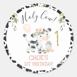Pink Floral Holy Cow Cow Print First Birthday Classic Round Sticker