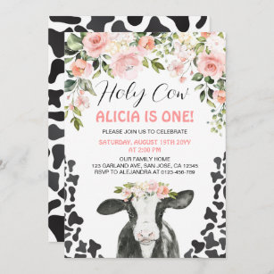 Pink Floral Holy Cow Cow Print First Birthday Invitation
