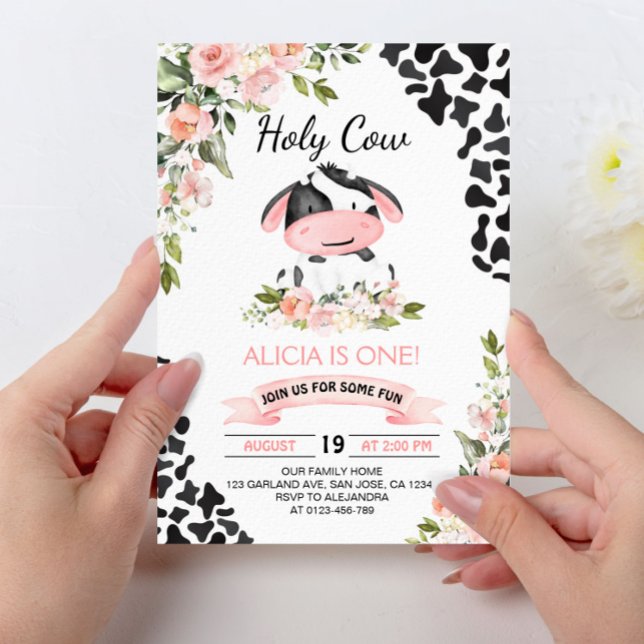 Pink Floral Holy Cow Cow Print First Birthday Invitation (Creator Uploaded)