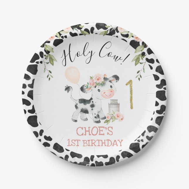 Pink Floral Holy Cow Cow Print First Birthday Paper Plate (Front)
