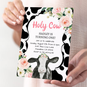 Pink Floral Holy Cow I'm One Girl First Birthday Invitation