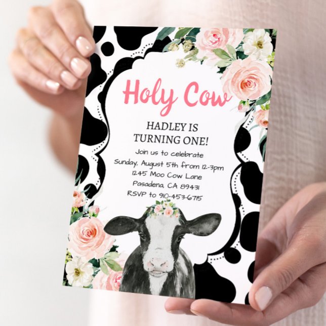 Pink Floral Holy Cow I'm One Girl First Birthday Invitation (Creator Uploaded)