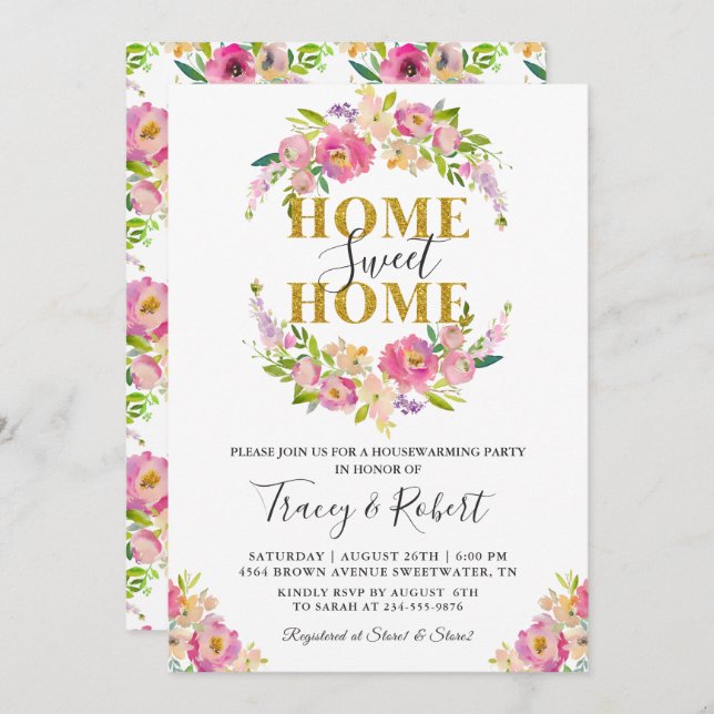 Pink Floral Home Sweet Home Housewarming Invite (Front/Back)
