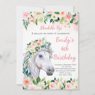 Pink Floral & Horse 6th Birthday Party Invitation