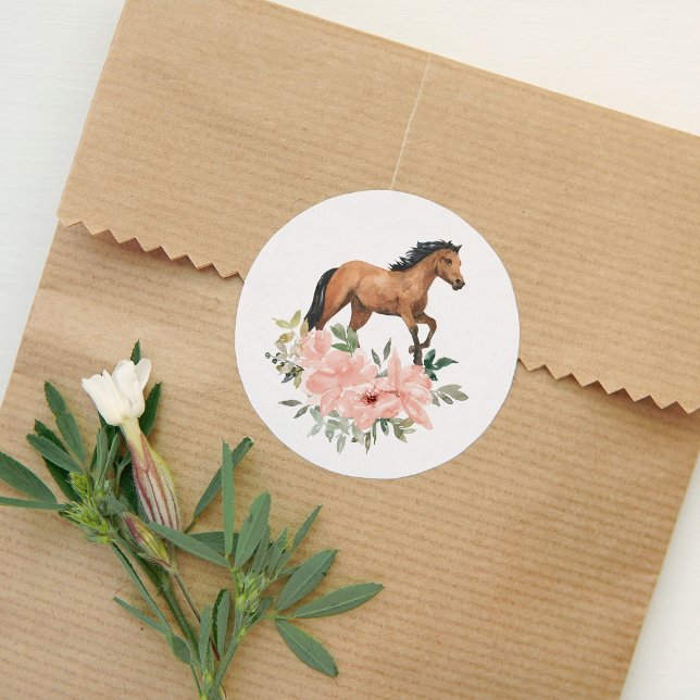 Pink Floral Horse Birthday Party Classic Round Sticker (Creator Uploaded)