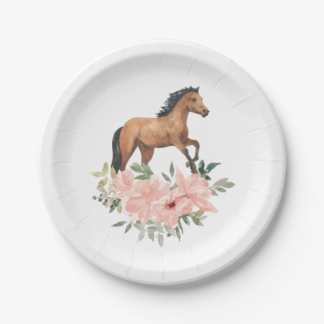 Pink Floral Horse Birthday Party Paper Plate (Front)