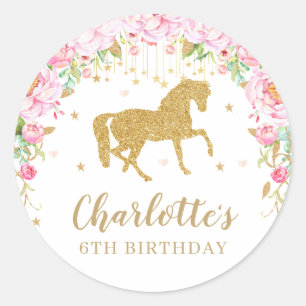 Pink Floral Horse Birthday Party Thank You Favor Classic Round Sticker