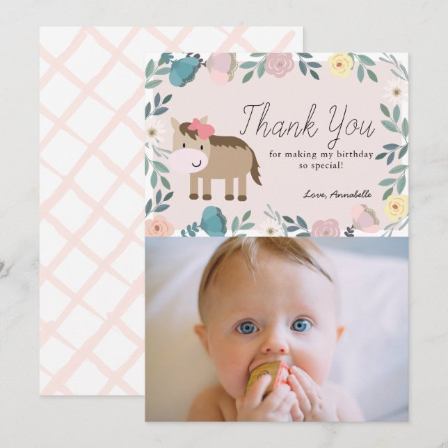 Pink Floral Horse Birthday Photo Thank You Card (Front/Back)