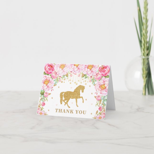 Pink Floral Horse Gold Glitter Birthday Girl Baby Thank You Card (Front)