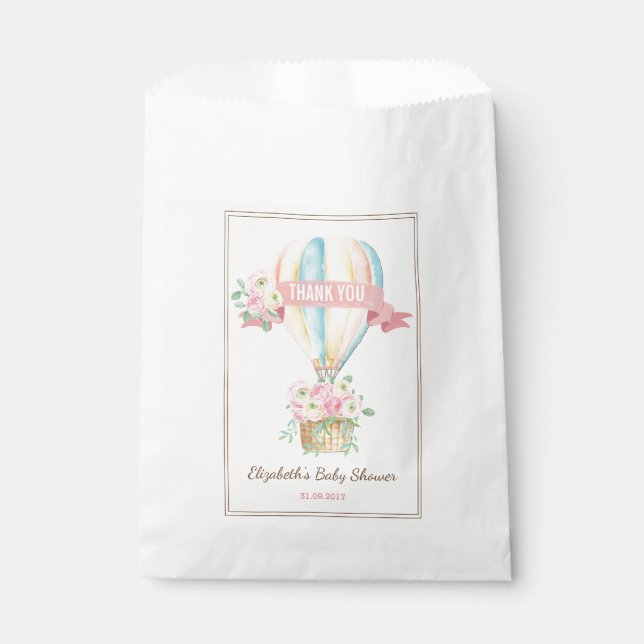 Pink Floral Hot Air Balloon Adventure Baby Shower Favour Bags (Front)