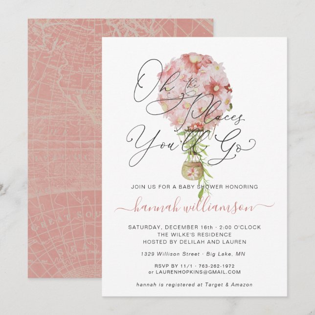 Pink Floral Hot Air Balloon Baby Shower Invitation (Front/Back)