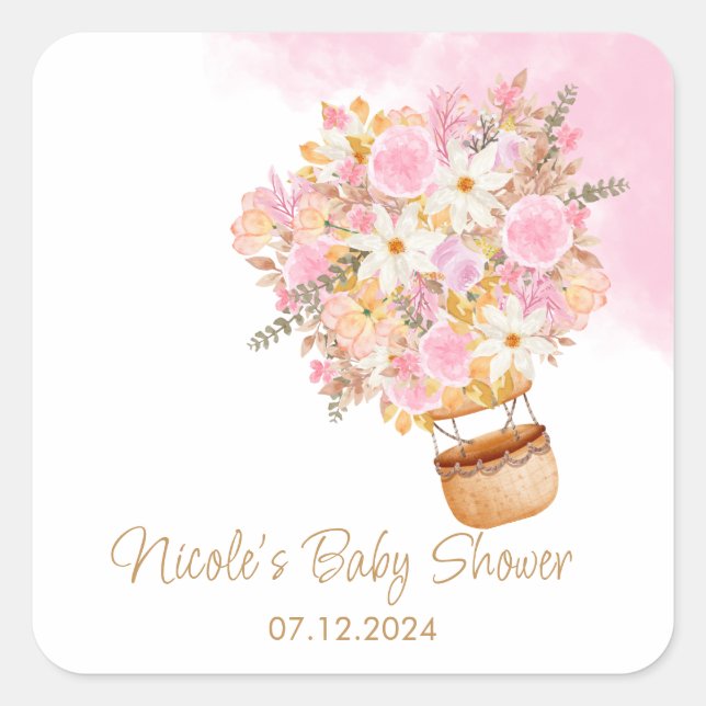  Pink Floral Hot Air Balloon Baby Shower  Square Sticker (Front)