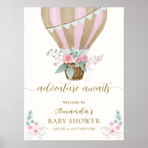 Pink Floral Hot Air Balloon Baby Shower Welcome Poster