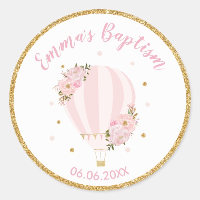 Pink Floral Hot Air Balloon Baptism Favour Classic Round Sticker (Front)