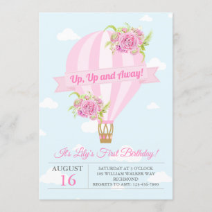 Pink Floral Hot Air Balloon Birthday Invitation