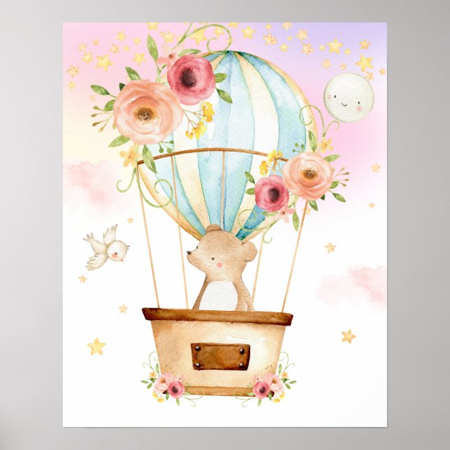 Pink Floral Hot Air Balloon Cute Bear Adventure Poster (Front)