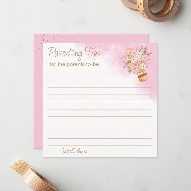 Pink Floral Hot Air Balloon Parents Tips Card (Front/Back In Situ)