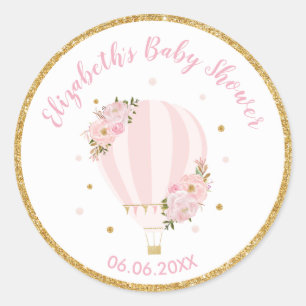 Pink Floral Hot Air Balloon Thank You Favour Classic Round Sticker