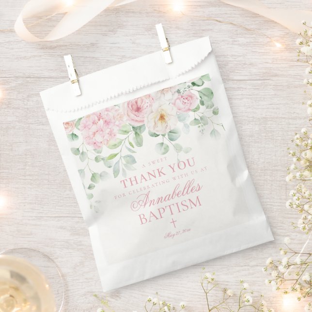 Pink Floral Hydrangea Botanical Baptism Dessert Favour Bags (Clipped)