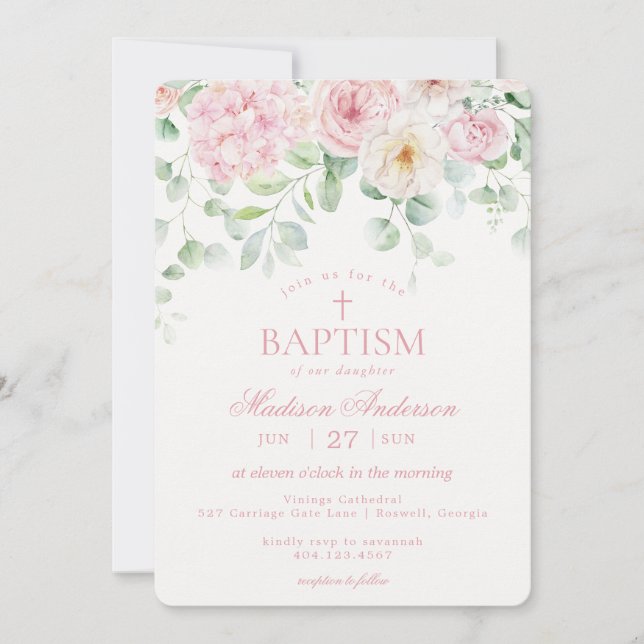 Pink Floral Hydrangea Botanical Blooms Baptism Invitation (Front)