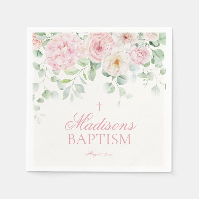 Pink Floral Hydrangea Botanical Blooms Baptism Napkin (Front)