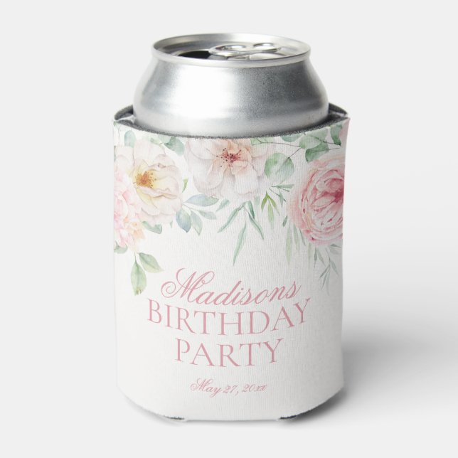 Pink Floral Hydrangea Botanical Blooms Birthday Can Cooler (Can Front)