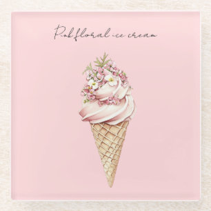 Pink Floral Ice Cream Cone Glass Coaster