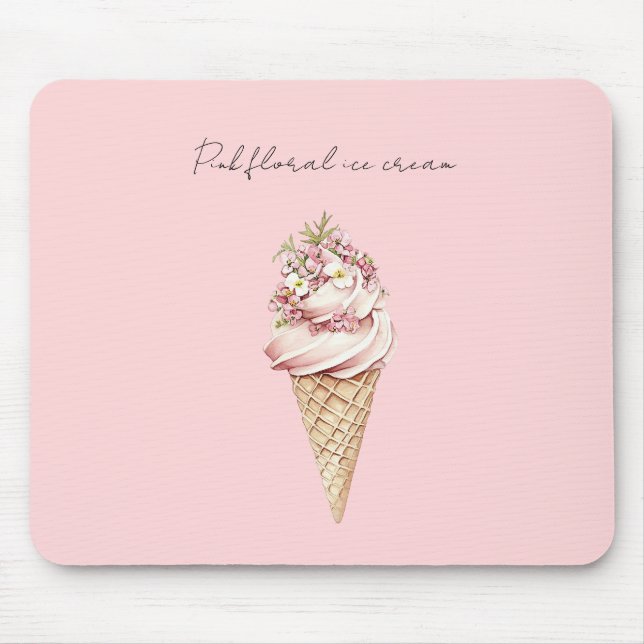 Pink Floral Ice Cream Cone Mouse Pad (Front)