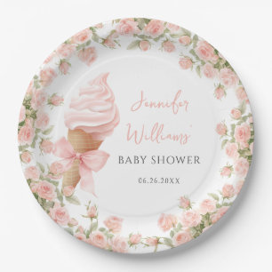 Pink Floral Ice Cream Summer Baby Girl Shower Paper Plate