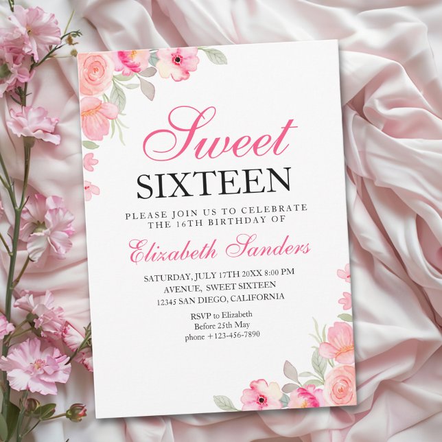 Pink Floral Illustration Sweet Sixteen Invitation (Creator Uploaded)