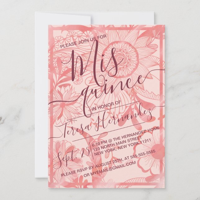 Pink Floral Illustration Watercolor Quinceañera Invitation (Front)
